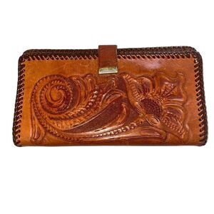 Bohemian vintage hand tooled leather wallet poppy design